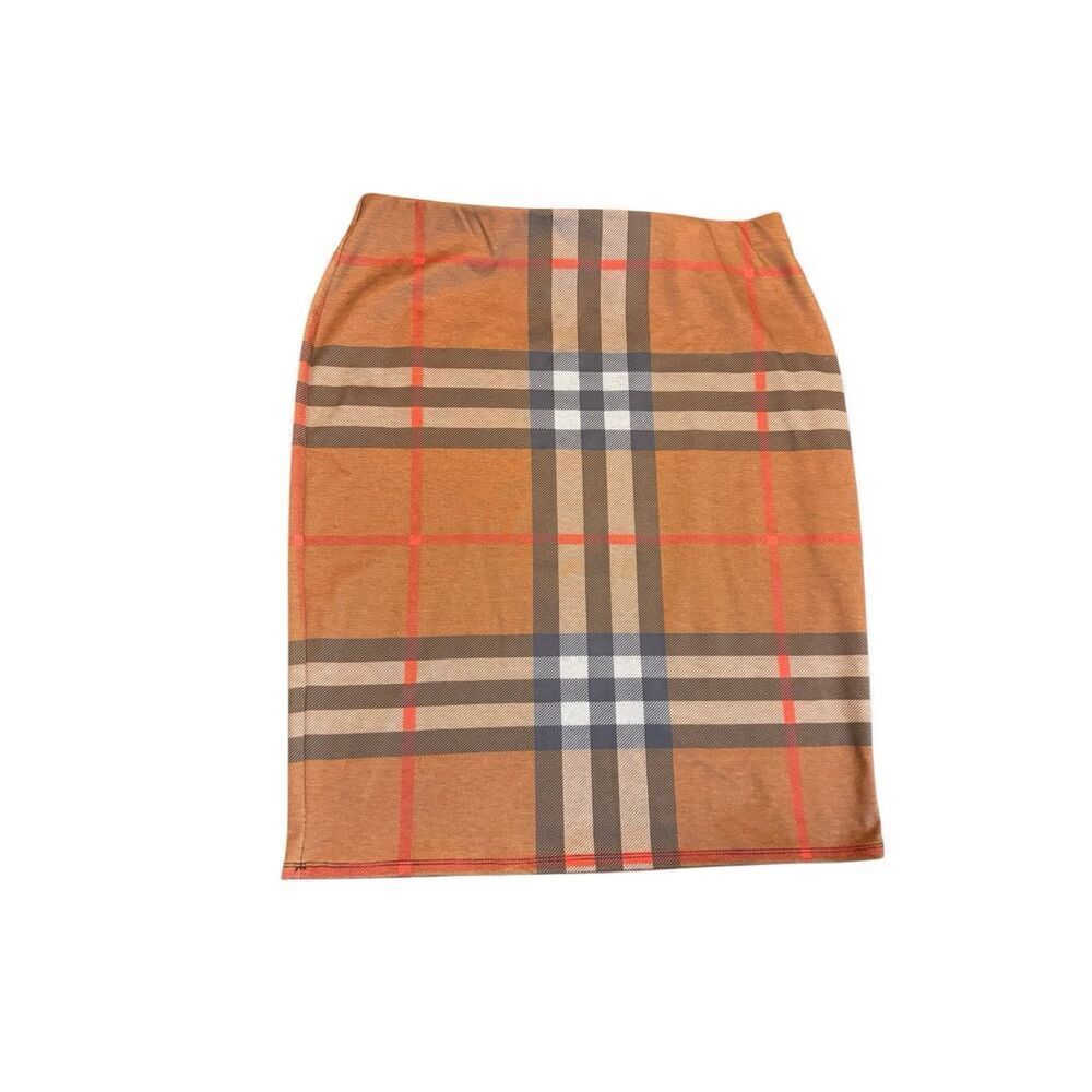 Carole Wren Plaid Pencil Skirt Large Brown Tan Stretch Pull On